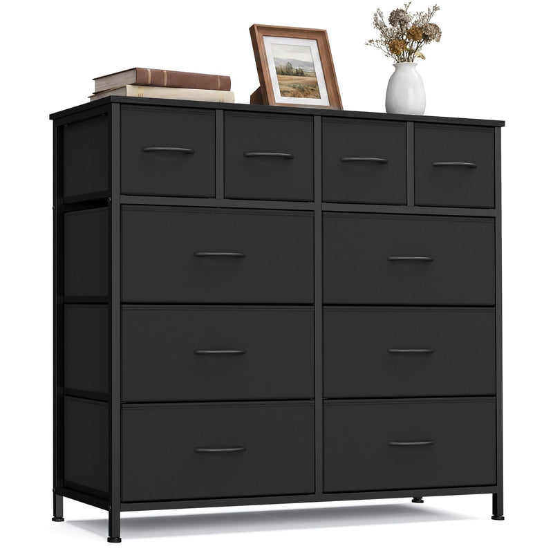 Ink black fabric chest of 10 drawers with black steel frame, shown straight on