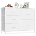 Cloud white fabric chest of 5 drawers with steel frame, shown straight on with decor on top