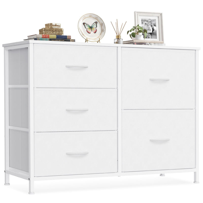 Cloud white fabric chest of 5 drawers with steel frame, shown straight on with decor on top