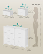 Dimensions diagram showing the 98.7 x 30 x 74.7 cm size and drawer load limits of the 5 drawer chest