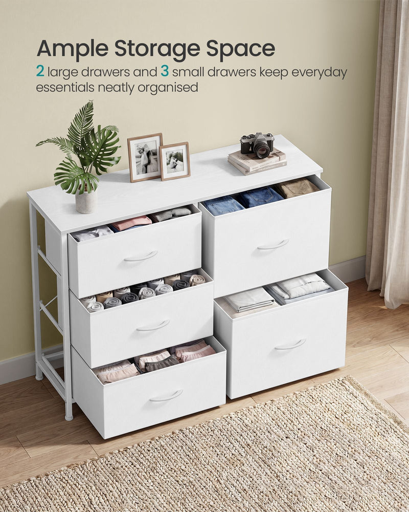 White 5 drawer chest with every drawer open and filled with folded clothes