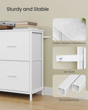 Close-ups of the scratch-resistant top, anti-tip kit and square steel frame on the white chest