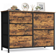 Rustic brown fabric chest of 5 drawers with black steel frame, shown straight on