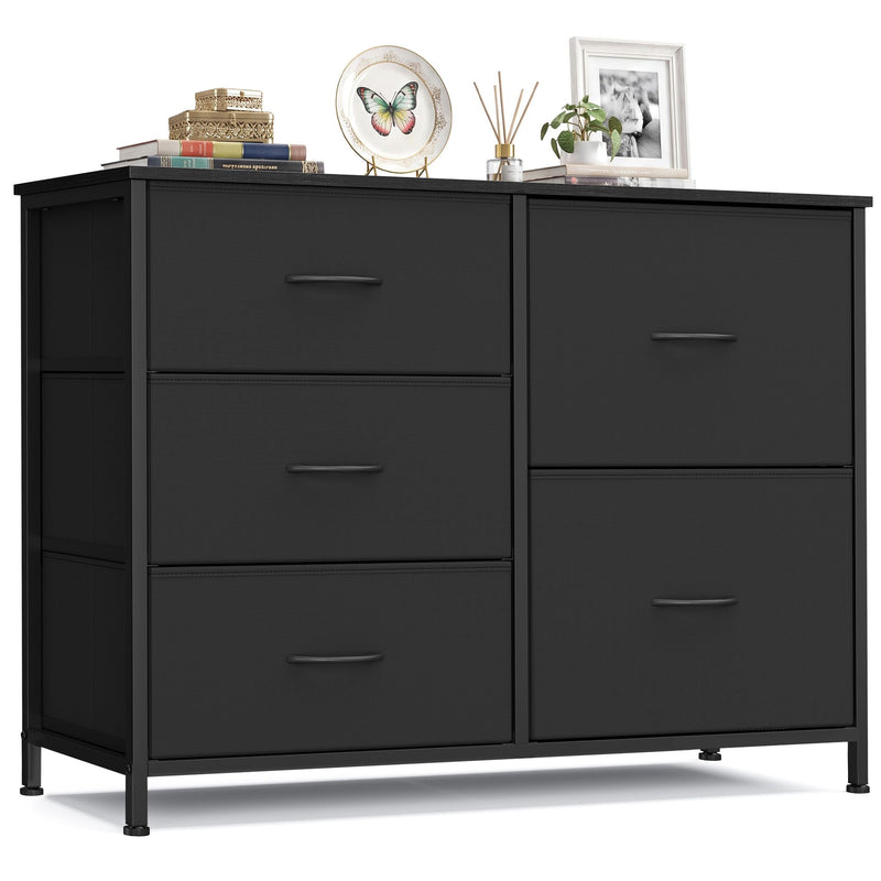 Ink black fabric chest of 5 drawers with black steel frame, shown straight on