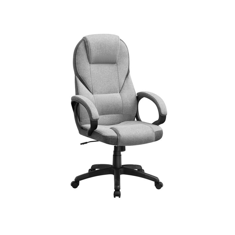 Dove grey fabric executive office chair with padded armrests on a plain white background