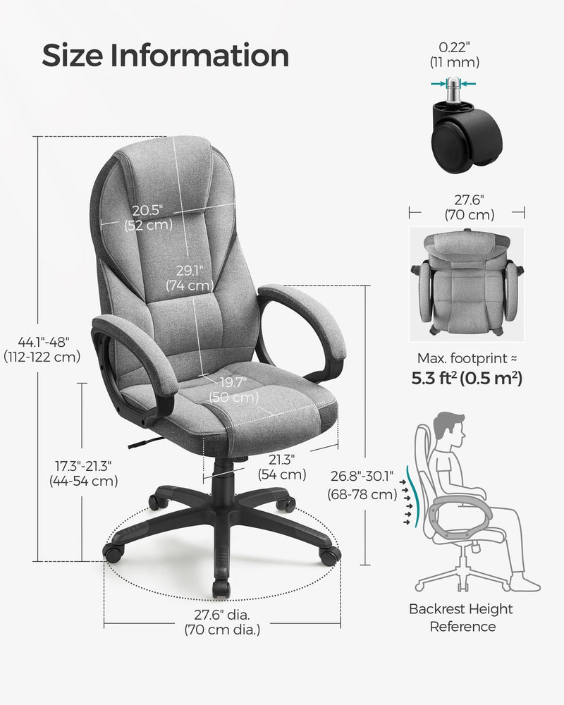 Size diagram for the executive chair showing 112 to 122 cm height, 44 to 54 cm seat height and 70 cm base
