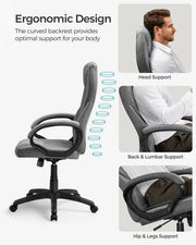 Black five-star castor base of the executive chair, beside a cutaway showing back and leg support