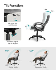 Two seated positions showing the chair's 90 degree upright and 105 degree reclined tilt settings