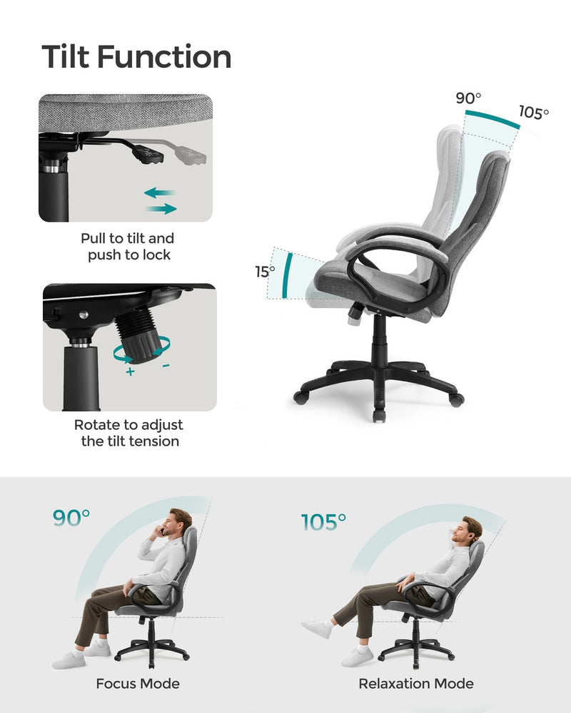 Two seated positions showing the chair's 90 degree upright and 105 degree reclined tilt settings
