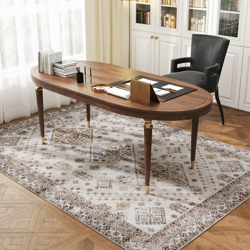 Washable Vintage Area Rug Non Slip Flannel Carpet for Living Room and Bedroom Beige