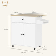 Rolling Kitchen Island Trolley with Drop Leaf Drawer and Storage Shelves White 106x42x87cm