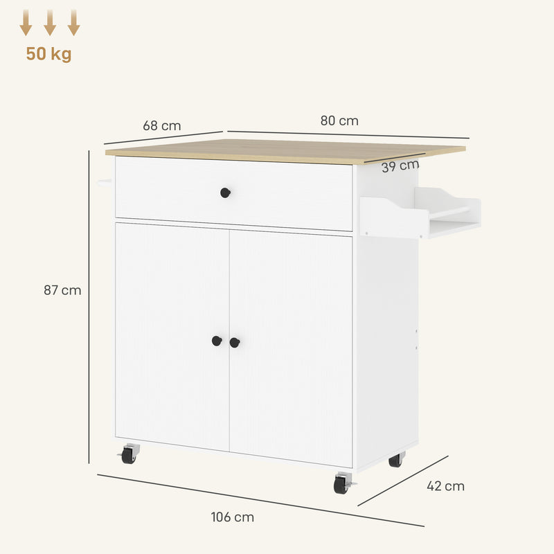 Rolling Kitchen Island Trolley with Drop Leaf Drawer and Storage Shelves White 106x42x87cm