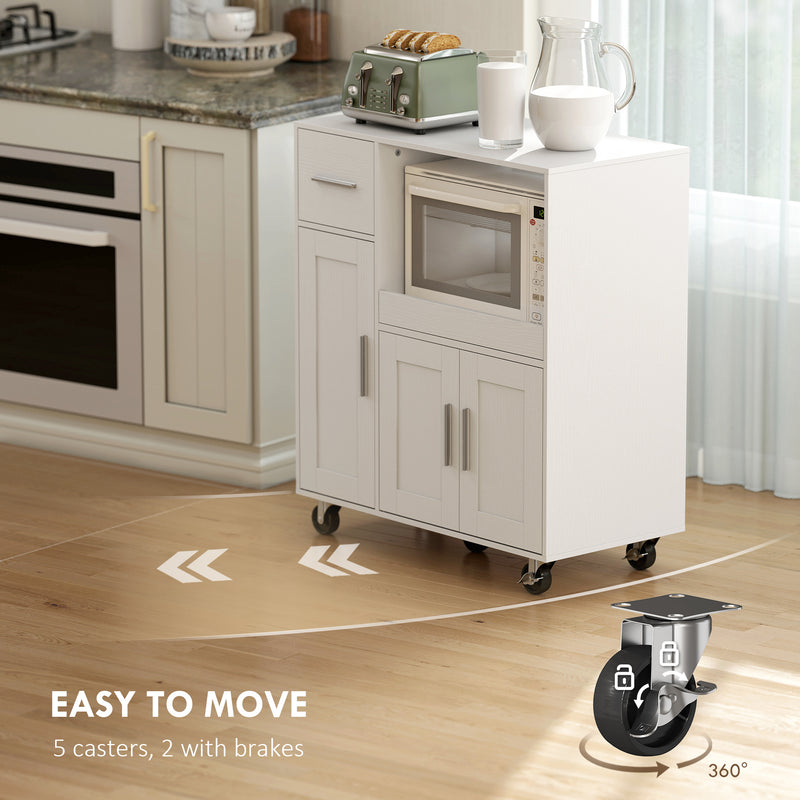 Kitchen Storage Trolley with Sliding Microwave Shelf and Lockable Wheels White Homcom
