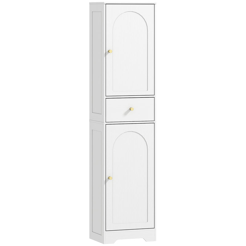 Tall Bathroom Storage Cabinet with Arched Double Doors and Shelves for Home, White