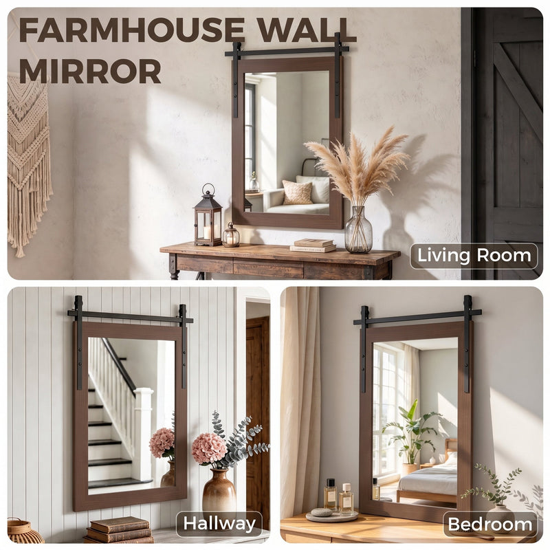 Farmhouse wall mirror panel showing living room, hallway and bedroom settings