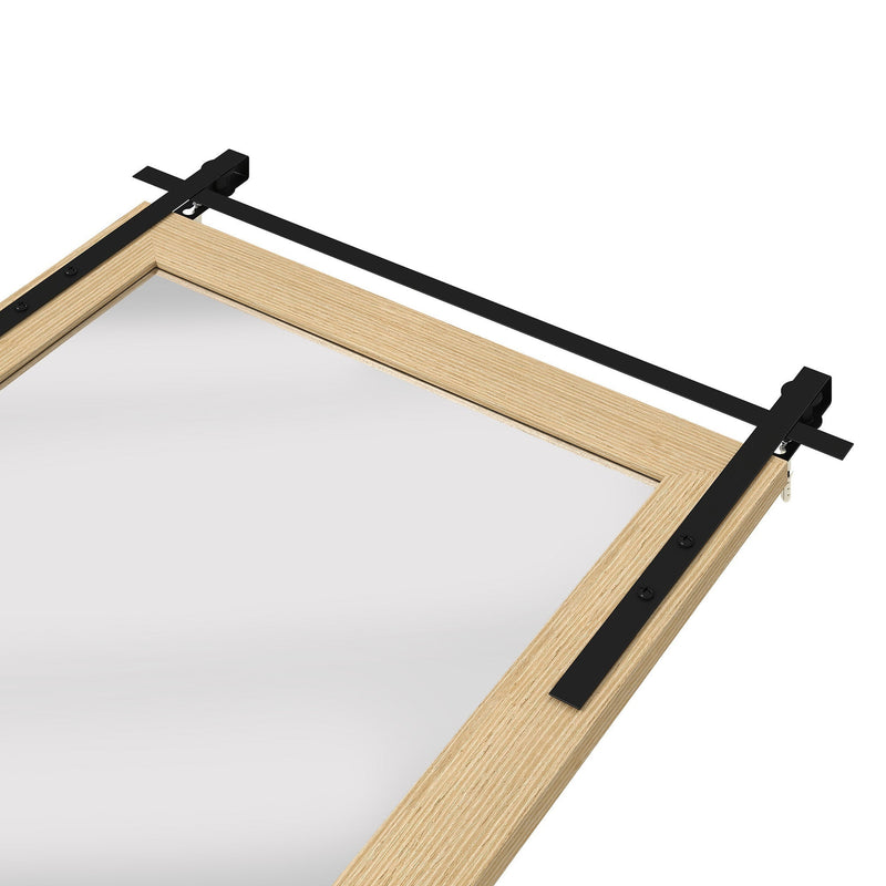 Close-up of the black rail and white oak frame corner