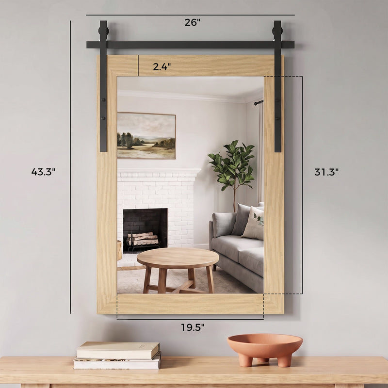 Dimensions diagram showing the overall frame size and the mirror glass size in inches