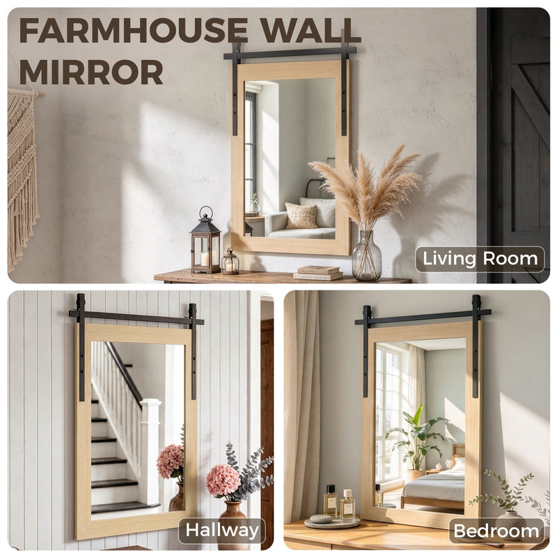 Farmhouse wall mirror panel showing living room, hallway and bedroom settings