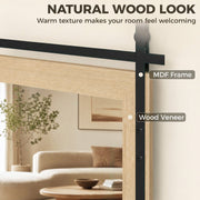 Natural wood look panel labelling the MDF frame and wood veneer on the white oak frame