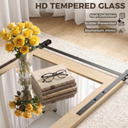 Tempered glass panel with high definition, scatter prevention and aluminium mirror labels