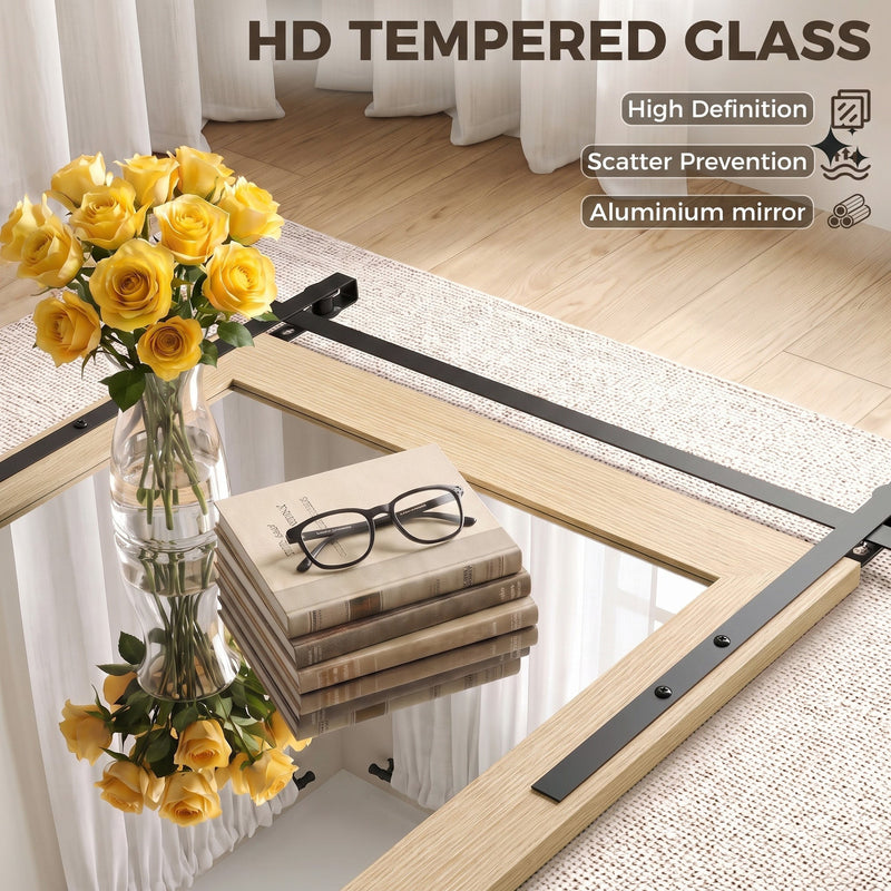 Tempered glass panel with high definition, scatter prevention and aluminium mirror labels