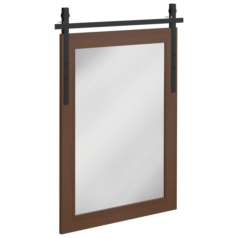Farmhouse wall mirror with wood-look frame and barn-door style rail, front studio view
