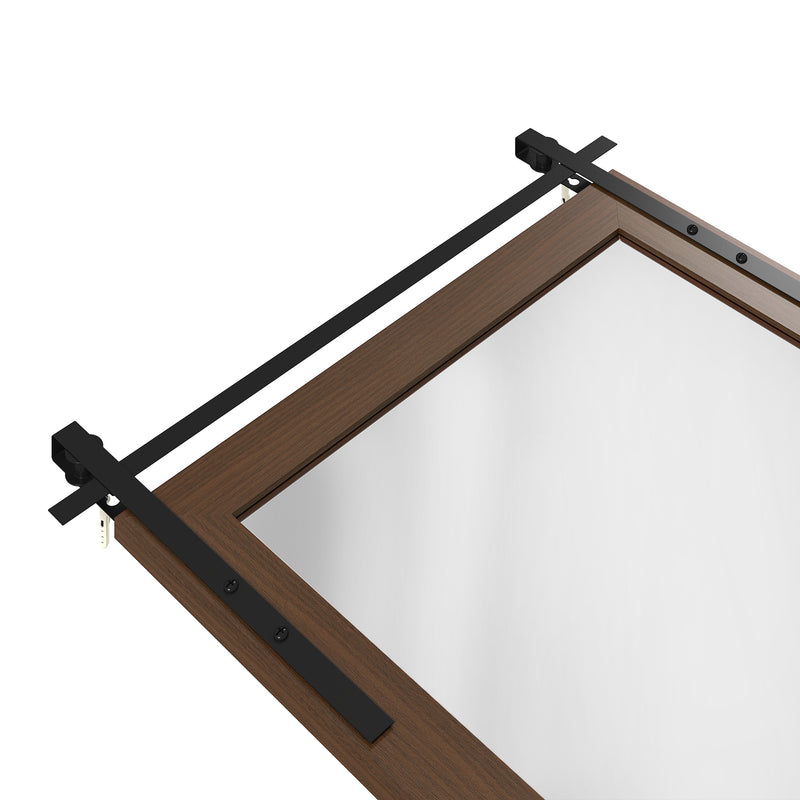 Angled corner close-up of the frame and sliding-door style rail fittings