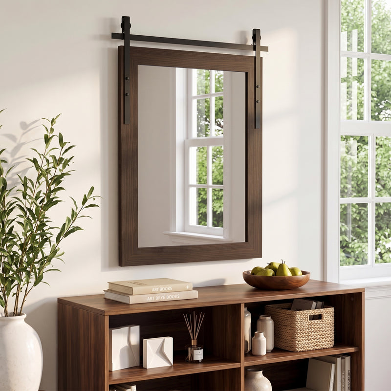 Farmhouse wall mirror hung above a wooden storage unit beside a window