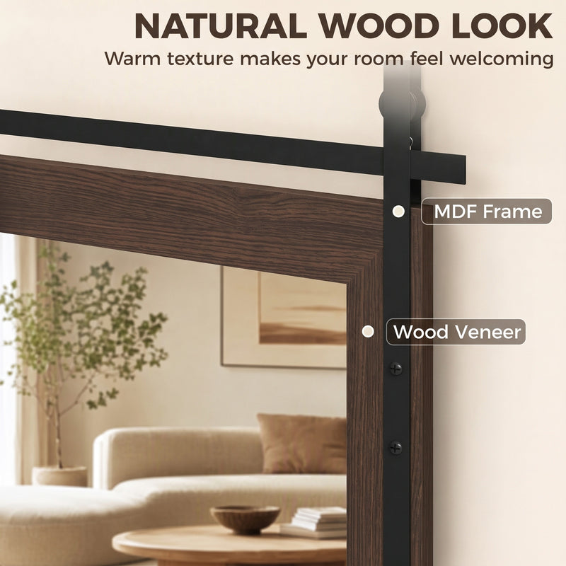 Close-up of the MDF frame with wood veneer finish and metal hanging rail