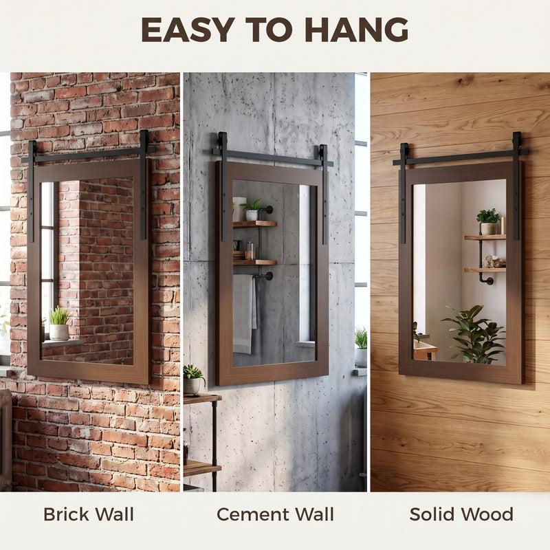 Easy to hang panel showing the mirror on brick, cement and solid wood walls