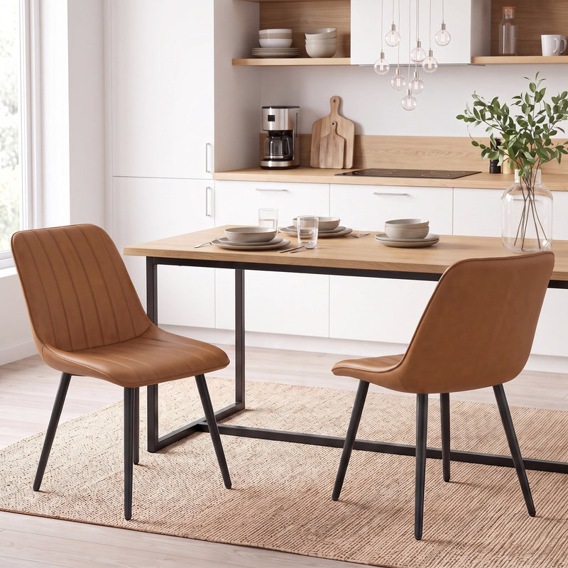 Brown faux leather dining chairs paired with a dining table in a modern kitchen