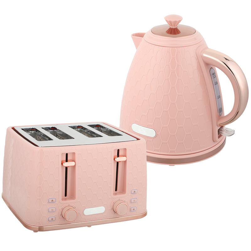 Fast Boil 17L Jug Kettle and 4 Slice Toaster Set with 7 Browning Levels, Light Pink
