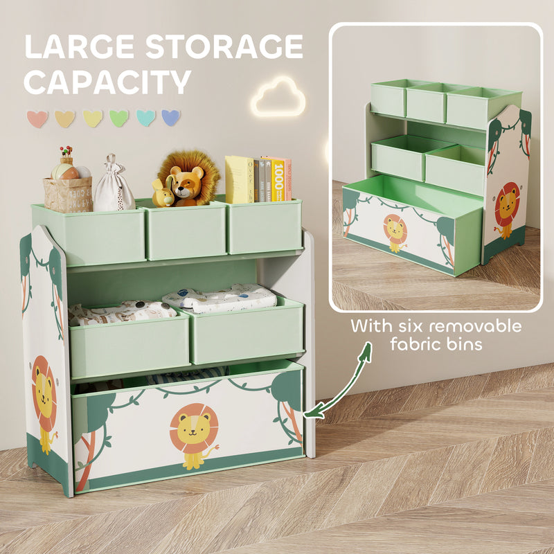 3 Tier Kids Toy Storage Unit With 6 Removable Bins For Bedroom Or Playroom Green 63 x 30 x 66cm