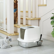 Large Stainless Steel Enclosed Cat Litter Box With Scoop Top Exit Design Grey