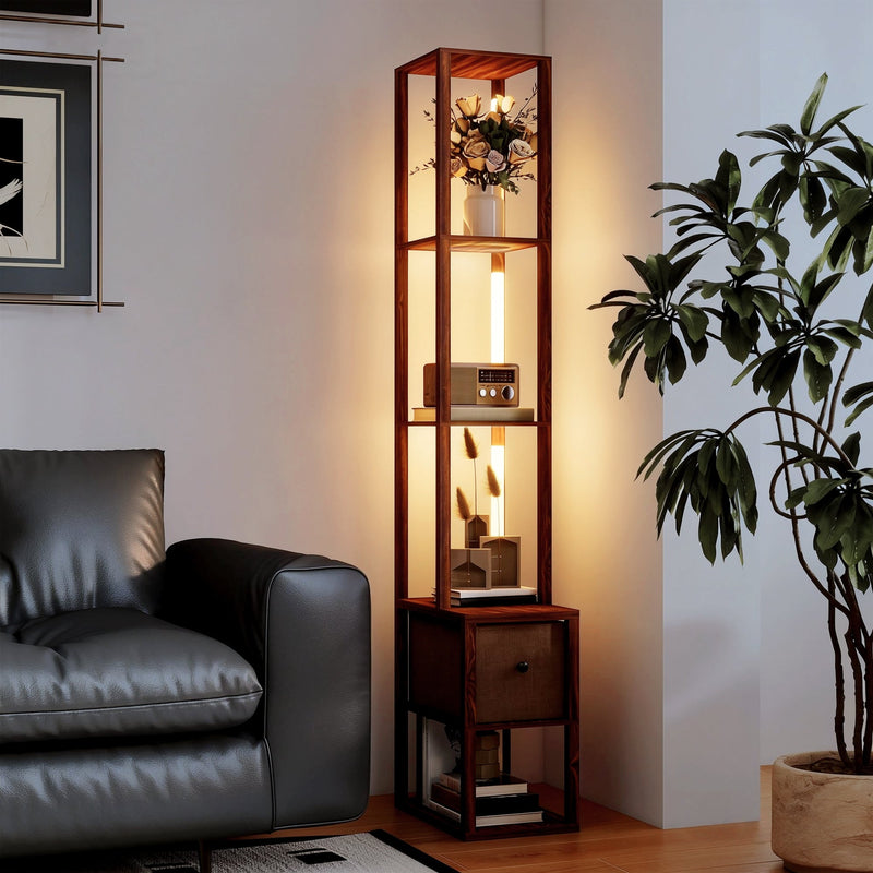 Floor Lamp with Shelves and Adjustable LED for Space Saving Storage