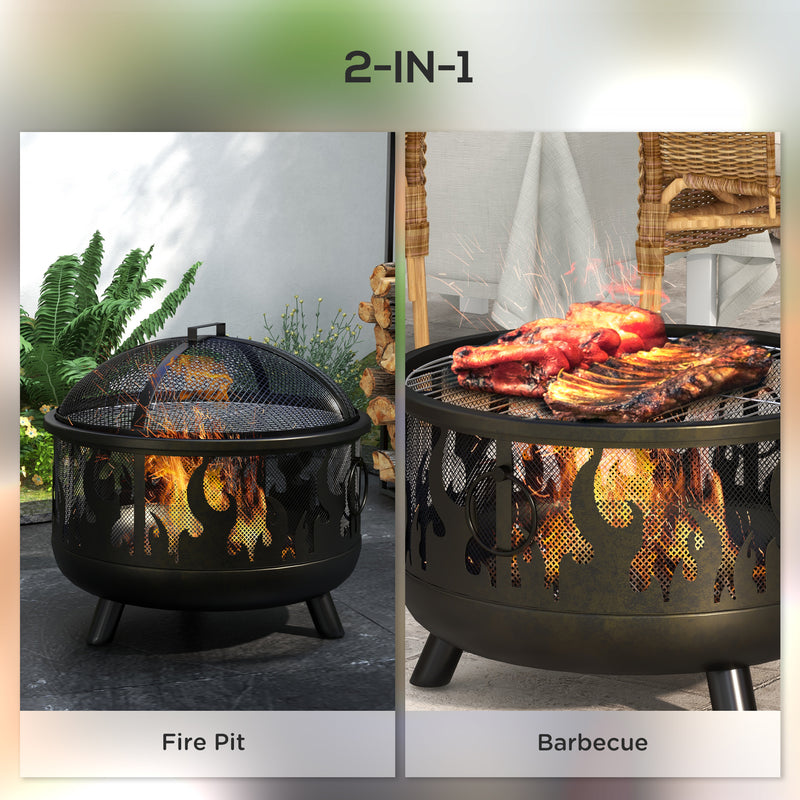 Black Steel Fire Pit BBQ With Poker For Garden Heating And Outdoor Cooking