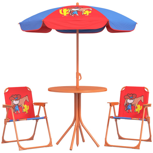 Kids Outdoor Picnic Table Set With Foldable Chairs And Adjustable Parasol For Garden Play