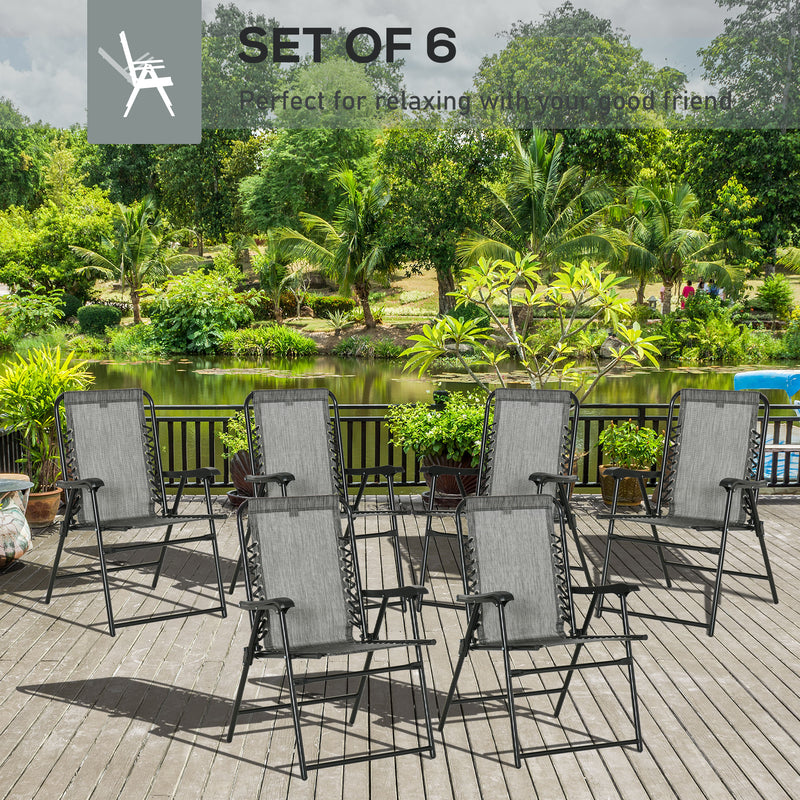 Set of 6 Grey Folding Garden Chairs with Armrests and Mesh Seats for Patio or Camping