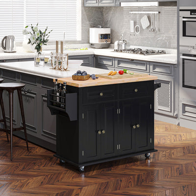 Black Rolling Kitchen Island Trolley with Rubber Wood Top and Storage by HOMCOM