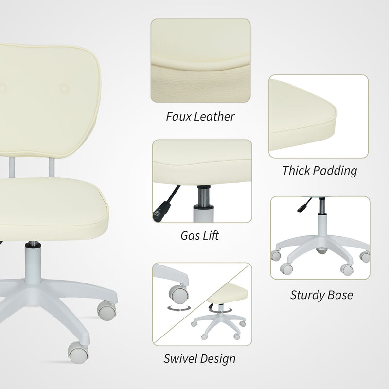 Armless PU Leather Swivel Office Chair With Adjustable Height For Home Desk Use, Cream