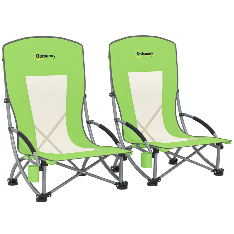 Set of 2 Green Folding Beach Chairs with Mesh Back Cup Holder and Carry Bag for Camping