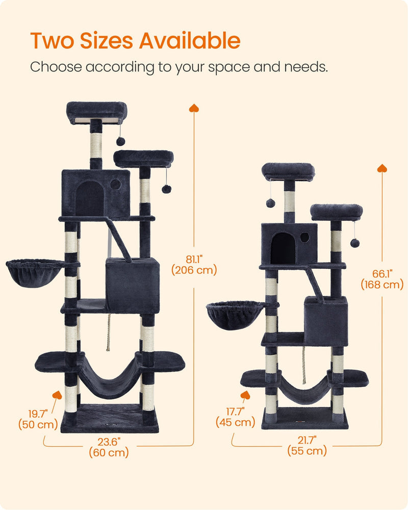 Two sizes available comparison, 168 cm and 206 cm cat trees