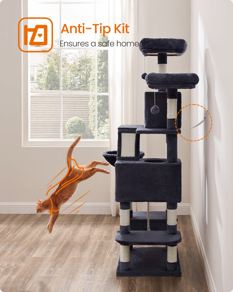 Anti-tip kit safety feature securing the cat tree to the wall