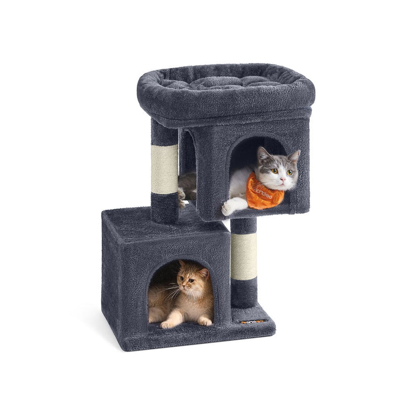 Feandrea 67cm smoky grey cat tree tower studio shot with two kittens in the caves