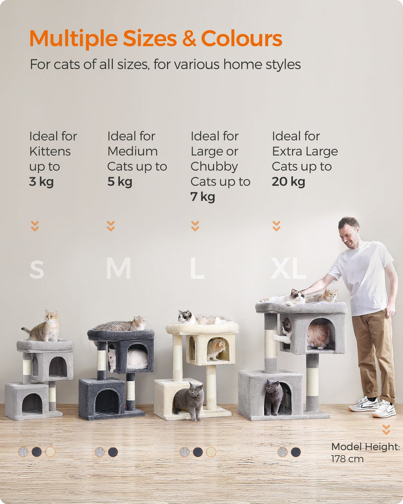 Comparison chart of multiple cat tree sizes and colours