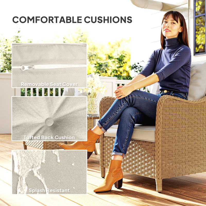 Set of 2 Rattan Garden Armchairs With Cushions and High Backs for Patio or Balcony, Beige