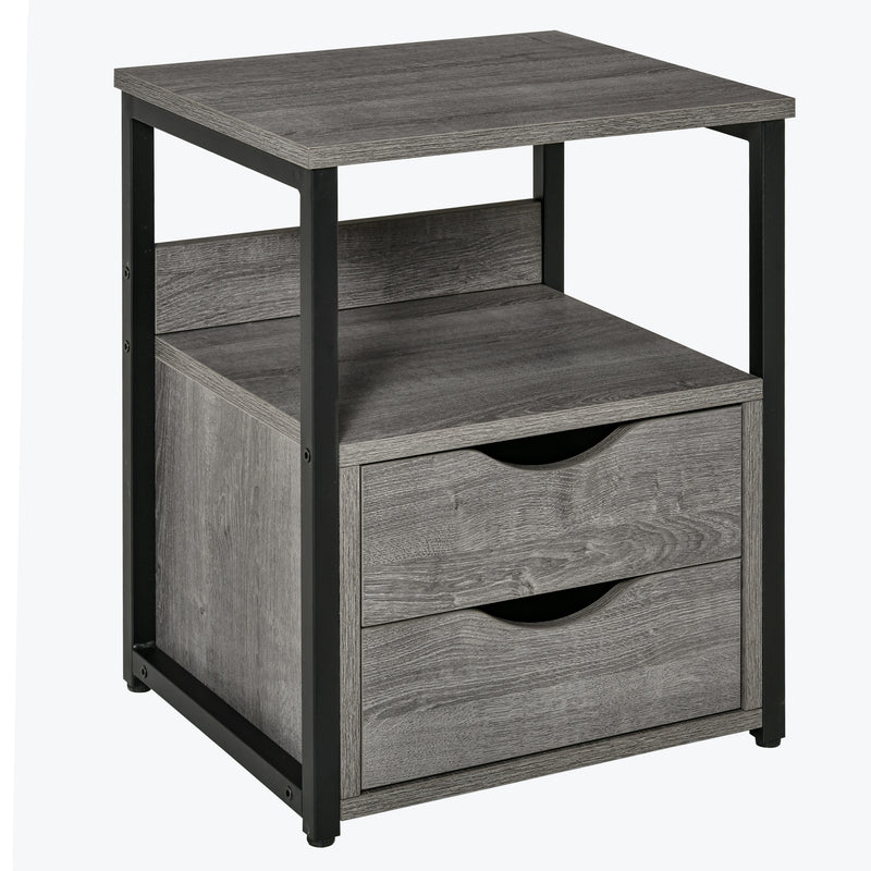 Grey Industrial Side Table with Drawers and Open Shelf for Bedroom or Living Room by HOMCOM
