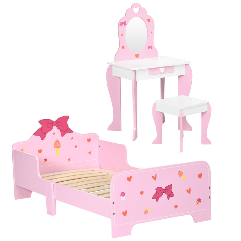 3 Piece Kids Bedroom Furniture Set with Bed Dressing Table and Stool for Ages 3 to 6 Pink AOSOM