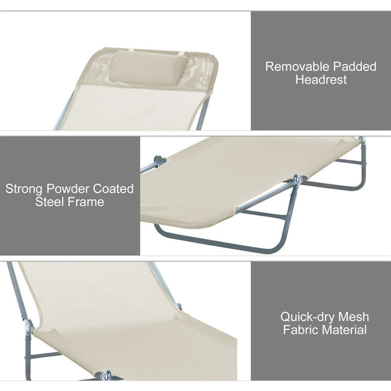 Beige Foldable Garden Sun Lounger with Adjustable Backrest and Headrest for Outdoor Relaxing