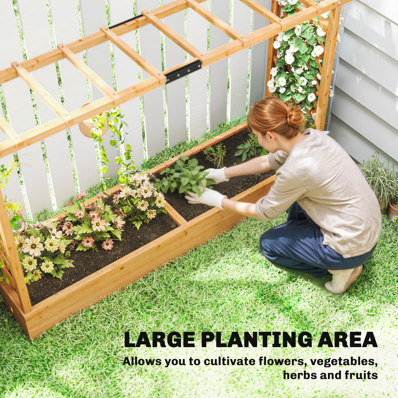 Wooden Raised Planter Box With Trellis and Drainage Ideal For Outdoor Garden Use Grey Outsunny